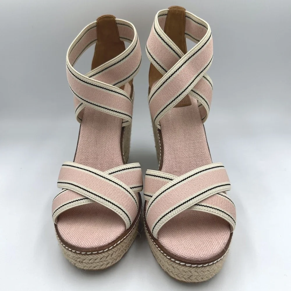 Tory Burch Frieda Espadrille Platform Wedge Sandals Pink Striped Canvas US 10‎